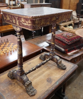 A 19th century Chinese export scarlet lacquer work table, width 62cm, depth 42cm, height 74cm